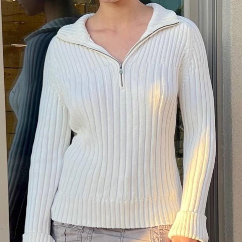 Vintage Calvin Klein women’s white ribbed 1/4 zip mock neck knit sweater size L